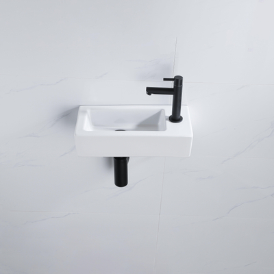 QeramiQ Fuente Fonteinset - 37.5x18.5x9cm - keramiek - kraangat rechts - fonteinkraan zwart mat - afvoerplug - verlaagd sifon - Glans wit