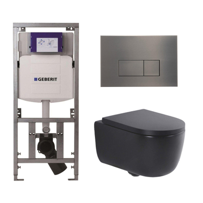 QeramiQ Dely Swirl Toiletset - 36.3x51.7cm - Geberit UP320 Burda inbouwreservoir - 35mm zitting - gunmetal bedieningsplaat - rechthoekige knoppen - mat zwart