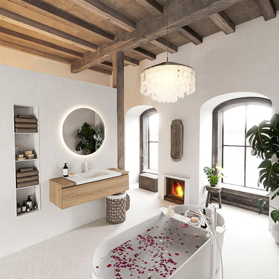 Mondiaz BUKLA Badkamermeubelset - 120x45x34cm - 1 kraangat - wasbak midden - solid surface - Talc - greeploos - 1 lade - Melamine - Washed Oak