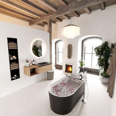 Mondiaz BUKLA Badkamermeubelset - 120x45x34cm - 0 kraangaten - wasbak rechts - solid surface - Urban - greeploos - 1 lade - Melamine - Washed Oak SHOWROOMMODEL