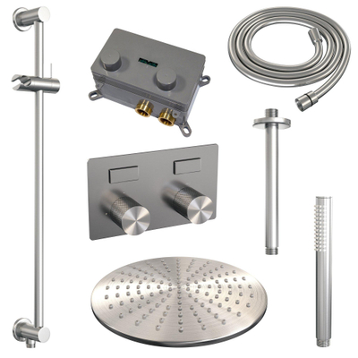 BRAUER Brushed Carving Thermostatische Regendouche inbouw - drukknoppen - SET 66 - 30cm hoofddouche - plafondarm - staaf handdouche - doucheslang - geïntegreerde glijstang - RVS geborsteld PVD