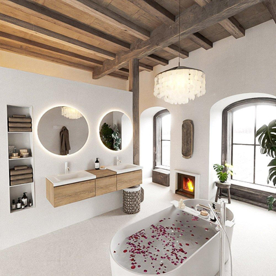 MONDIAZ BUKLA 160cm badmeubel met module 40 kleur Washed Oak met 3 lades. Wastafel CLOUD dubbel 2 kraangaten kleur Talc.