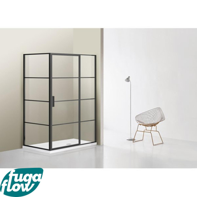 FugaFlow Efficiente Vetro douchecabine 90x90cm met vast paneel veiligheidsglas frame lines aan buitenzijde met anti kalk zwart mat -