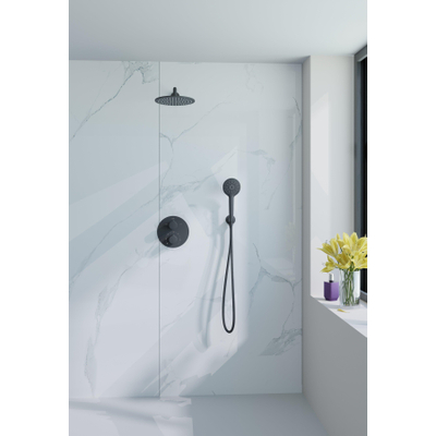 Fortifura Calvi Inbouw Regendoucheset - rond - thermostatisch - wandarm - 25cm hoofddouche - ronde handdouche - gladde slang - mat zwart