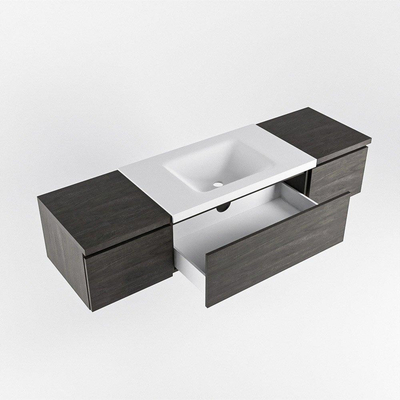 MONDIAZ BUKLA 160cm badmeubel met module 40 kleur Dark Brown met 3 lades. Wastafel CLOUD midden 0 kraangaten kleur Talc.