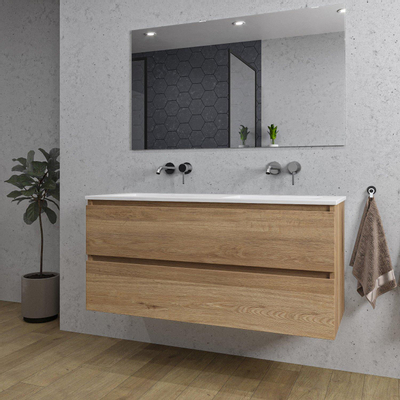 Adema Chaci Badkamermeubelset - 120x46x57cm - 2 keramische wasbakken wit - zonder kraangaten - 2 lades - rechthoekige spiegel - eiken