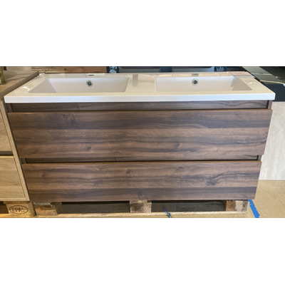 Adema Chaci Badkameronderkast - 120cm - 2 lades - greeploos - noten (hout) - inclusief brauer solar slim wastafel - OUTLET UDEN