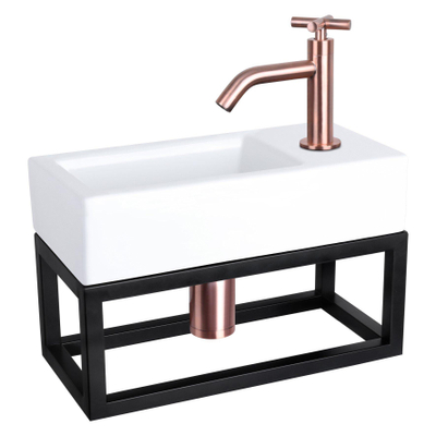 Differnz Ravo fonteinset - 38.5x18.5x25cm - Rechthoek - 1 kraangat - Gebogen koperen kraan - met zwart frame - kruisgreep - Keramiek Wit