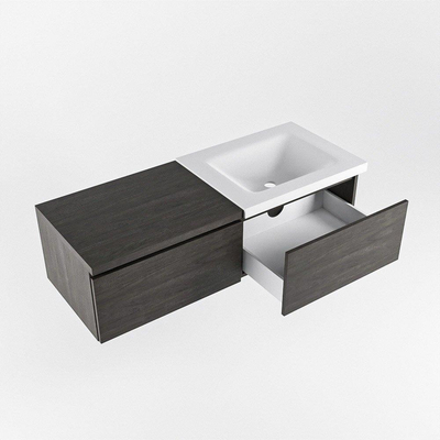 MONDIAZ BUKLA 120cm badmeubel met module 60 kleur Dark Brown met 2 lades. Wastafel CLOUD rechts 1 kraangat kleur Talc.