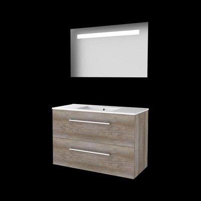 Basic-Line Economic 46 badkamermeubelset - 100x46cm - met grepen - 2 lades - porseleinen wastafel - 1 kraangat - Spiegel - geintegreerde LED verlichting - MFC Scotch Oak