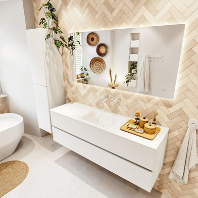 MONDIAZ VICA 150cm badmeubel onderkast Talc 2 lades. Wastafel CLOUD midden zonder kraangat, kleur Talc.