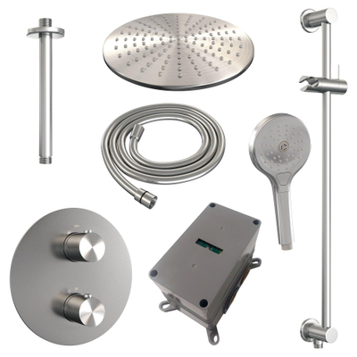BRAUER Brushed Edition thermostatische Inbouw Regendouche - 3-weg - rond - set 96 - 30cm hoofddouche - plafondarm - 3-standen handdouche - doucheslang - geïntegreerde glijstang - RVS geborsteld PVD
