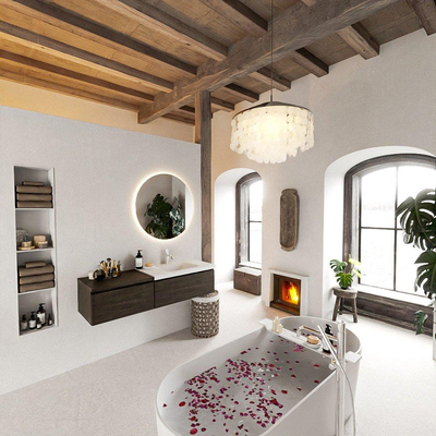 MONDIAZ BUKLA 140cm badmeubel met module 60 kleur Dark Brown met 2 lades. Wastafel CLOUD rechts 1 kraangat kleur Talc.