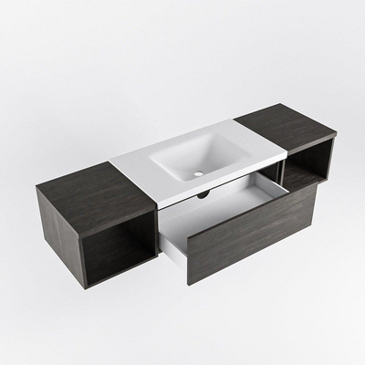 MONDIAZ BUKLA 160cm badmeubel met open module 40 L+R kleur Dark Brown met 1 lade. Wastafel CLOUD midden 1 kraangat kleur Talc.