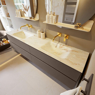 MONDIAZ VICA-DLUX Badkamermeubelset - 200cm - onderkast smoke - 4 lades - inbouw wastafel cloud dubbel - zonder kraangaten - 60cm hoge versie - frape