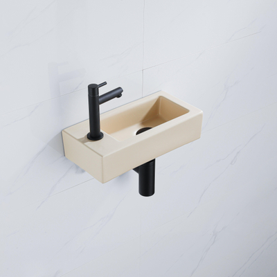 QeramiQ Fuente Fonteinset - 37.5x18.5x9cm - keramiek - kraangat links - fonteinkraan zwart mat - afvoerplug - verlaagd sifon - Mat Beige