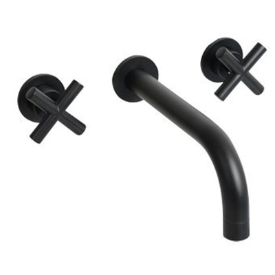 Plieger Cross 3-gats wandkraan m. vaste uitloop m. kruisgrepen incl. binnenwerk mat zwart TWEEDEKANS