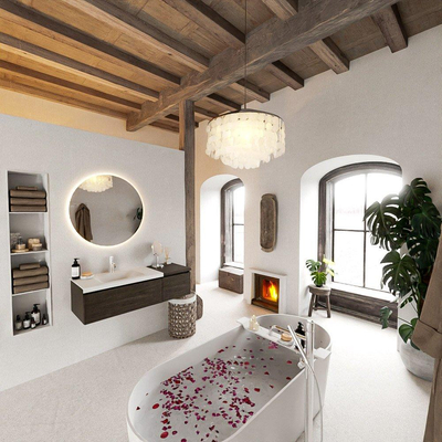 MONDIAZ BUKLA 120cm badmeubel met module 40 kleur Dark Brown met 2 lades. Wastafel CLOUD links 1 kraangat kleur Talc.