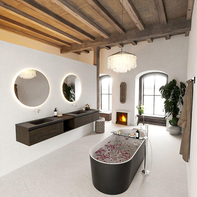 MONDIAZ BUKLA 240cm badmeubel met open module 40 links kleur Dark Brown met 3 lades. Wastafel CLOUD dubbel 0 kraangaten kleur Urban.