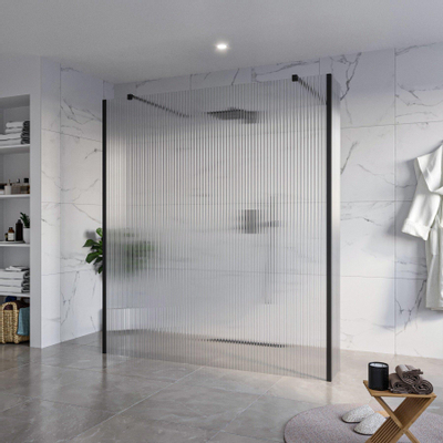 Fortifura Galeria Vrijstaande Inloopdouche - 180x200cm - Helder geribbeld - antikalk - 8mm veiligheidsglas - 2 zijwanden 40cm - wandsteunen en hoekprofielen - Zwart mat