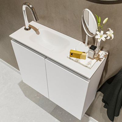 MONDIAZ TURE Fonteinset - 60x23x50cm - 1 kraangat - 2 deuren - talc mat - Wasbak links - Solid Surface Wit