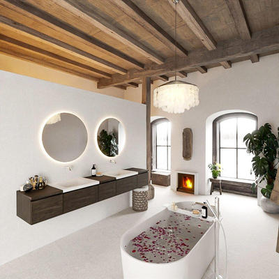 MONDIAZ BUKLA 240cm badmeubel met module 40 kleur Dark Brown met 5 lades. Wastafel CLOUD dubbel 0 kraangaten kleur Talc.