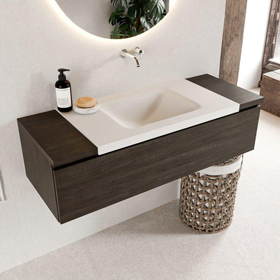 Mondiaz BUKLA Badkamermeubelset - 120x45x34cm - 0 kraangaten - wasbak midden - solid surface - Talc - greeploos - 1 lade - Melamine - Dark brown