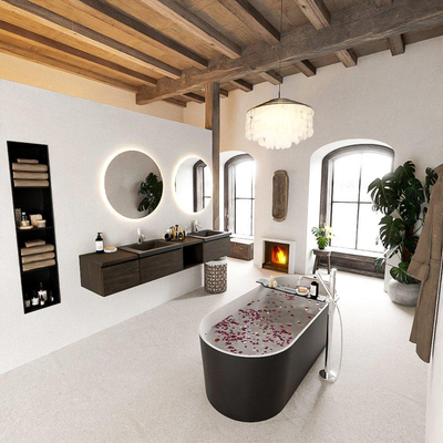 MONDIAZ BUKLA 200cm badmeubel met open module 40 rechts kleur Dark Brown met 3 lades. Wastafel CLOUD dubbel 2 kraangaten kleur Urban.