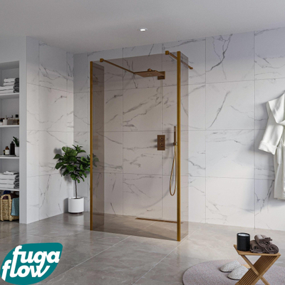 FugaFlow Eccelente Vetro Vrijstaande inloopdouche badkamer - 110x200cm - Rookglas - antikalk - 8mm veiligheidsglas - 2 zijwanden 30cm - met wandarmen en hoekprofielen - Koper geborsteld -