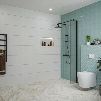 Fortifura Galeria inloopdouche - 30x200cm - ribbelglas - wandarm - mat zwart