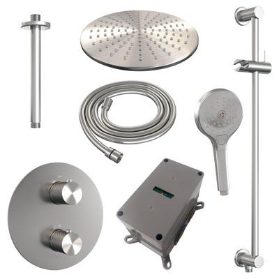BRAUER Brushed Carving thermostatische Inbouw Regendouche - 3-weg - rond - set 96 - 30cm hoofddouche - plafondarm - 3-standen handdouche - doucheslang - geïntegreerde glijstang - RVS geborsteld PVD