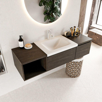 MONDIAZ BUKLA 140cm badmeubel met open module 40 links kleur Dark Brown met 2 lades. Wastafel CLOUD midden 1 kraangat kleur Talc.