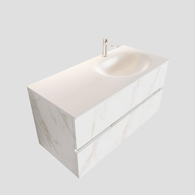 MONDIAZ VICA Badkamermeubelset - 100cm - 2 lades - wasbak Moon rechts - 1 kraangat - solid surface carrara marmer