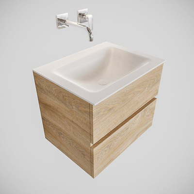 MONDIAZ VICA Badkamermeubelset - 60cm - 2 lades - wasbak Cloud midden - 0 kraangaten - solid surface washed oak