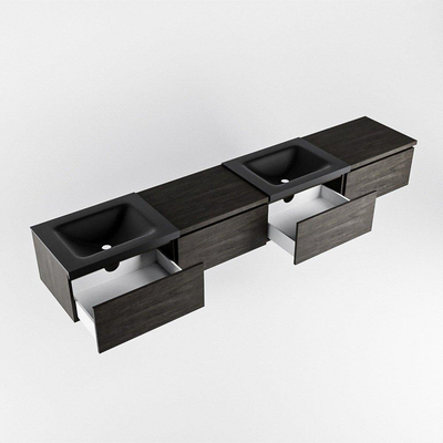 MONDIAZ BUKLA 240cm badmeubel met module 60 rechts kleur Dark Brown met 4 lades. Wastafel CLOUD dubbel 2 kraangaten kleur Urban.