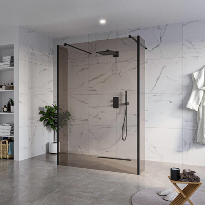 Fortifura Galeria Vrijstaande Inloopdouche - 140x200cm - Rookglas - antikalk - 8mm veiligheidsglas - 2 zijwanden 40cm - wandsteunen en hoekprofielen - Zwart mat