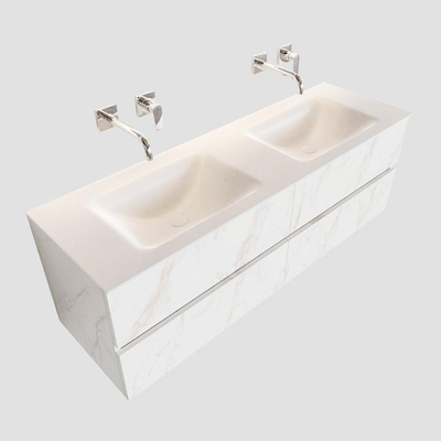 MONDIAZ VICA Badkamermeubelset - 150cm - 4 lades - wasbak Cloud dubbel - 0 kraangaten - solid surface carrara marmer