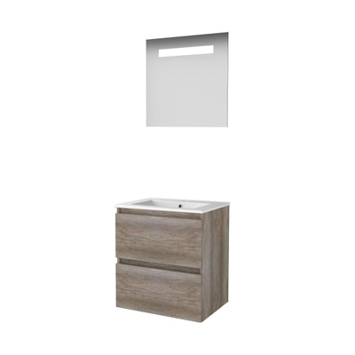 Basic-Line Economic 46 badkamermeubelset - 60x46cm - greeploos - 2 lades - porseleinen wastafel - 1 kraangat - Spiegel - geintegreerde LED verlichting - MFC Scotch Oak