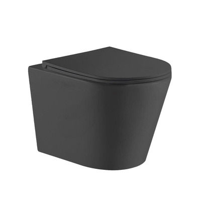 QeramiQ Dely toiletset met diepspoel rimless toilet 36.3x51.7cm met Geberit UP320 inbouwreservoir softclose zitting mat zwarte en gun metal bedieningsplaat met rechthoekige knoppen