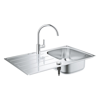 GROHE K200 spoelbak met afdruipgedeelte en Bau Edge eengreeps mengkraan hoge uitloop eengatsmontage StarLight chroomafwerking Longlife keramische cartouche 28 mm mousseur draaibare buisuitloop met rotatie 360
