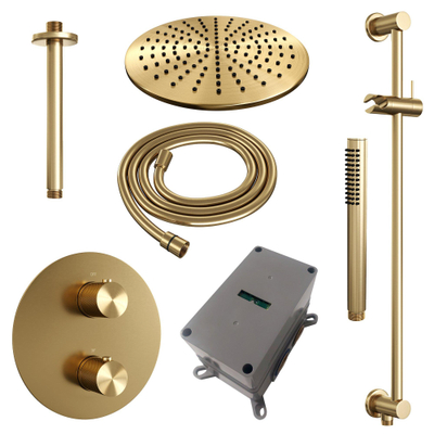 BRAUER Gold Carving thermostatische Inbouw Regendouche - 3-weg - rond - set 90 - 30cm hoofddouche - plafondarm - staaf handdouche - doucheslang - geïntegreerde glijstang - goud geborsteld PVD