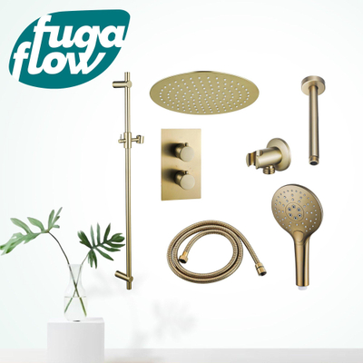 FugaFlow Eccelente Sobrado Badkamer Inbouw Regendoucheset - thermostatisch - plafondarm -glijstang - 25cm hoofddouche - handdouche rond- geborsteld messing PVD