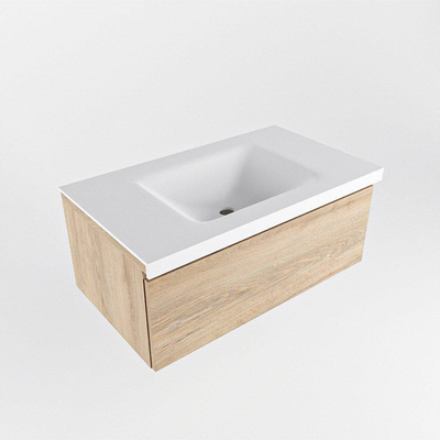 Mondiaz BUKLA Badkamermeubelset - 80x45x34cm - 1 kraangat - wasbak midden - solid surface - Talc - greeploos - 1 lade - Melamine - Washed Oak