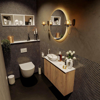 Mondiaz Fowy Toiletmeubel - 80x50x23cm - washed oak mat - 1 kraangat - wasbak links - 2 deuren - solid surface - blad Melamine - wasbak: wit