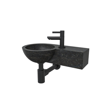 Wiesbaden B waskom rond 40x23x10cm met kraangat rechts hardsteen zwart incl Amador fonteinkraan zwart mat