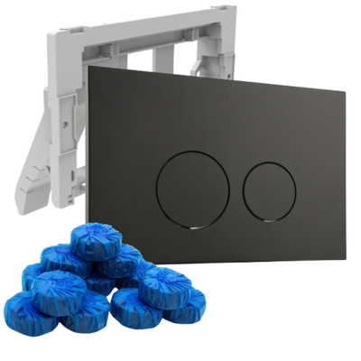 QeramiQ Push Bedieningsplaat met toiletblokjeshouder - voor Geberit UP320 inbouwreservoir - dualflush - ronde knoppen - kunststof - inclusief 12 toiletblokjes - mat zwart