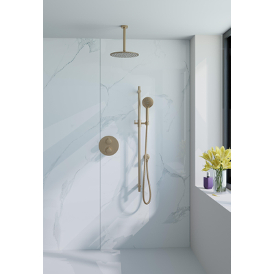 Fortifura Calvi Inbouw Regendoucheset - rond - thermostatisch - plafondarm - glijstang - 25cm hoofddouche - ronde handdouche - gladde slang - Geborsteld Messing PVD (Goud)