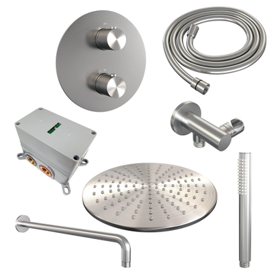 BRAUER Brushed Carving thermostatische Inbouw Regendouche - 3-weg - rond - set 76 - 30cm hoofddouche - gebogen muurarm - staaf handdouche - doucheslang - wandaansluitbocht - RVS geborsteld PVD