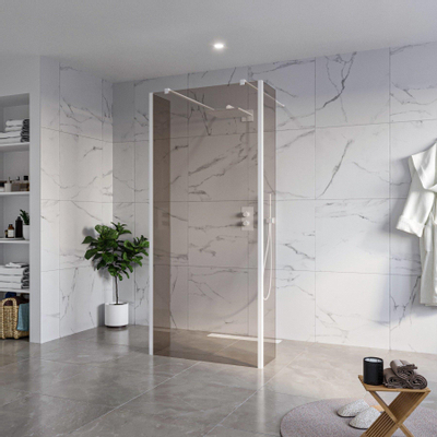 Fortifura Galeria Vrijstaande Inloopdouche - 90x200cm - Rookglas - antikalk - 8mm veiligheidsglas - 2 zijwanden 30cm - wandsteunen en hoekprofielen - Wit mat