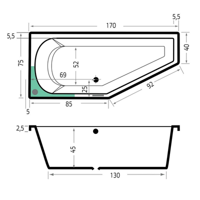 Xenz Lagoon compact ligbad - 170x75cm - met overloop - zonder afvoer - Hoekopstelling links - Acryl Edelweiss mat OUTLETSTORE